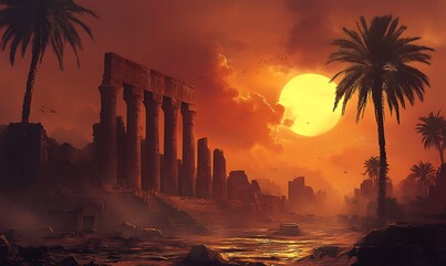 Poster - Ancient Ruins at Sunset with Palm Trees and Birds