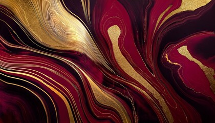 Wall Mural - luxurious maroon and gold marble abstract texture with liquid ink paint - dark stone background, gol