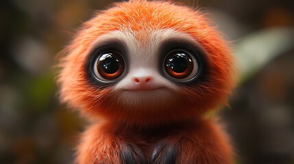 A close-up of a cute, fuzzy, orange sloth with big, brown eyes looking directly at the camera.