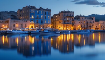 Wall Mural - At dusk, the ancient architecture by the harbor reflects in the water, with boats docked in blue ocean, showcasing the harmony between nature and architecture.