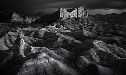 Poster - A dramatic black and white landscape of layered rock formations