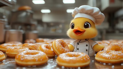 A cute cartoon duck chef stands in a kitchen surrounded by donuts.