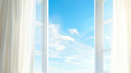 A bright and airy window view showcasing a clear blue sky with fluffy white clouds, inviting natural light into the room.