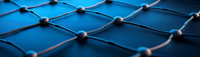 A detailed close-up of a blue mesh network, showcasing the intersection of connections and nodes in a modern digital design.