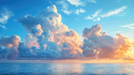 Poster - Sunrise over serene ocean with blue sky and white clouds