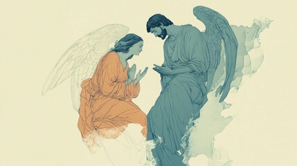 Annunciation. Angel Gabriel announcing to Mary that she will conceive and give birth to Jesus. Digital painting.