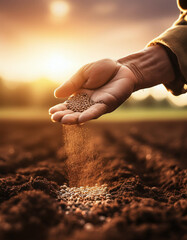 A farmer's hand sows seeds in a plowed field. Concept of new technology in agriculture
