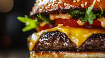 Wall Mural - A tantalizing close-up of a delectable hamburger, showcasing its juicy patty, melted cheese, and fresh toppings. This mouthwatering macro shot captures the essence of the ultimate fast-food delight