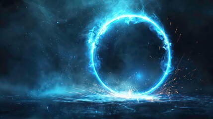 Wall Mural - A glowing blue ring of fire floating on a dark background with smoke and sparks.