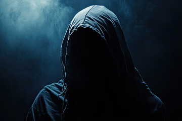 n the shadows, a hooded figure looms, their face hidden in darkness. A spotlight effect illuminates the scene, casting an eerie glow against the dark and mysterious background.