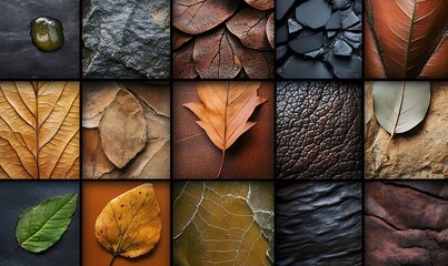 Poster - Collage of Textures with Autumn Leaves and Stone