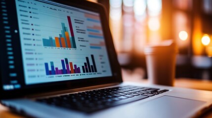 closeup screen of the laptop, displaying the colorful website traffic metrics, graphs and analytics 