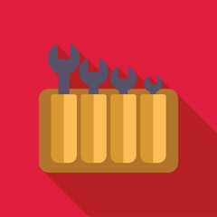 Poster - Vector illustration of four wrenches standing in a toolbox, isolated on red background