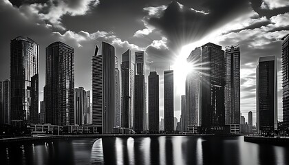 High-rise buildings reflect charming light and shadow in the sun, and the contrast between black and white presents the unique charm and modernity of the city.