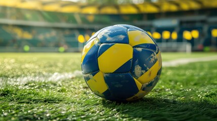 A blue and yellow soccer ball sits on a green field, the stadium in the background.