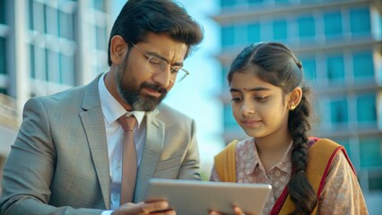 An Indian male teacher  advising university student girl on career options, with resources and guides available for exploration.