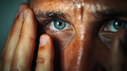 Canvas Print - A man with a wet face holding his eyes closed, AI