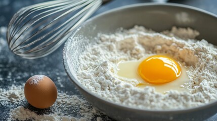 A fresh egg being cracked open into a bowl of flour, ready for baking, with a whisk nearby