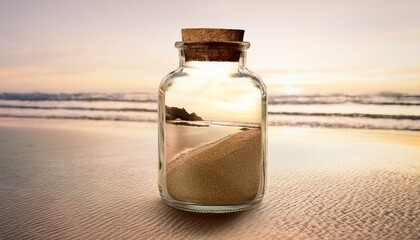 Glass bottle filled with sand close up, focus on, copy space Soft beige shades Double exposure silhouette with beach scenery