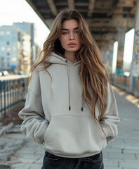 Wall Mural - women wearing blank grey hoodie. jumper jacket mock up, hoodie template