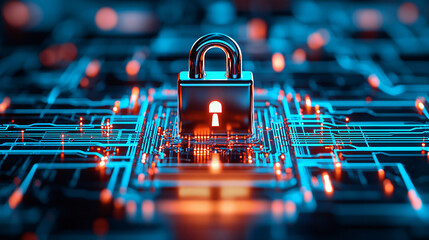 A digital padlock symbolizes security in vibrant circuit board environment, representing safeguarding of financial data flow.