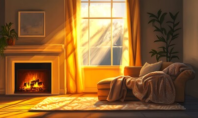 Wall Mural - Cozy Living Room with Sunlight Streaming Through Window and Fireplace