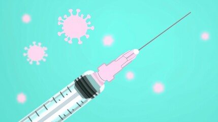 macro photograph of an mpox, covide, or flu vaccine syringe with virus cells flying around. The virus is oval-shaped and pink. The background is pastel blue.