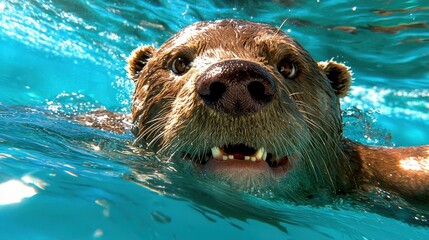 Close-up of an otter swimming in clear blue water, showcasing its playful expression and detailed fur.