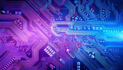 Wall Mural - blue and purple technology circuit board background with glowing electronic components - futuristic 