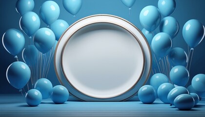 Wall Mural - 3d render of a white round blank plate with floating blue balloons, perfect for birthday invitations
