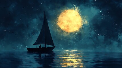 A sailboat sails on a tranquil sea under a large, full moon and a starry sky.