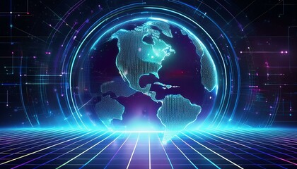 Wall Mural - futuristic neon cyber space background with global world design - metaverse digital world concept, f