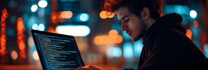 Programmer coding at night with bokeh city lights. Software development in an urban environment.