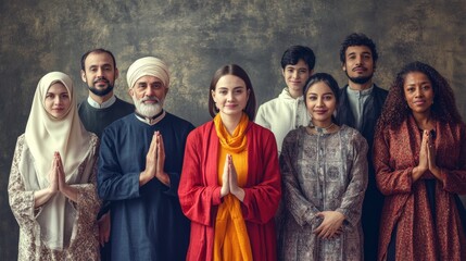 a diverse group of people representing different religions, standing together in a show of unity and