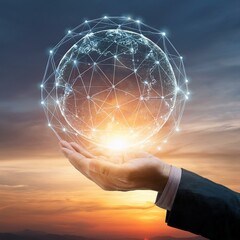 Wall Mural - hand of businessman connecting with global network circle against sunset sky - business networking, 