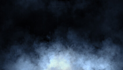 Wall Mural - Abstract blue misty fog on isolated black background. Smoke stage studio. Texture overlays. The concept of aromatherapy.