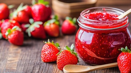 Poster - A jar of strawberry jam with a wooden spoon next to it, AI