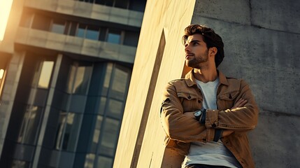 A man leaning against a modern concrete structure, dressed in casual minimalist clothing, arms crossed, looking off into the distance