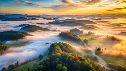 Amazingly beautiful landscape aerial view with hills, fog, sunlight and ethereal atmosphere