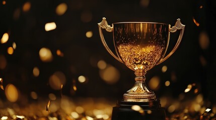 Gold cup with a splash of gold confetti or dust on a dark bokeh background, with space for text or inscriptions