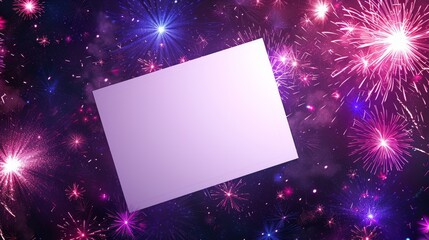 A blank card set against a vivid backdrop of bright fireworks exploding in a colorful night sky. Perfect for celebration-themed designs, announcements, or greeting cards with a dynamic feel.