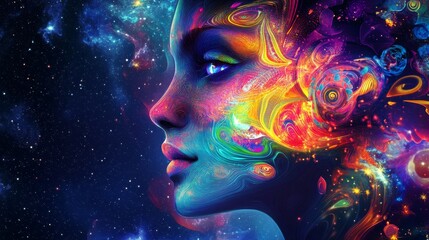 Wall Mural - A vibrant artistic portrait of a woman against a cosmic backdrop, blending colors and patterns to evoke a sense of wonder and imagination.