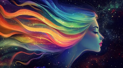 Wall Mural - A vibrant portrait of a woman with flowing rainbow hair set against a cosmic background, symbolizing creativity and imagination.