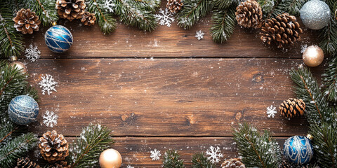 Wall Mural - Christmas decorations on wooden background. Banner. Christmas and New Year! Flat lay, top view. Copy space. Mock up