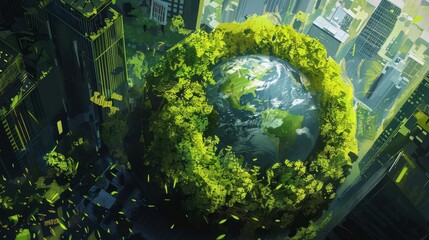 Wall Mural - vibrant green earth globe amidst urban cityscape lush trees and foliage harmony of nature and architecture sustainable development concept digital painting