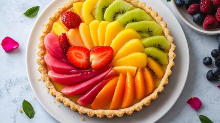 Wall Mural - A colorful fruit tart topped with fresh fruit slices and edible rose petals, served on a white ceramic plate