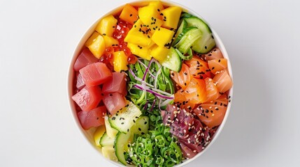 vibrant hawaiian poke bowl from above fresh ingredients artfully arranged rich colors of tuna salmon and tropical fruits pop against white backdrop culinary art meets healthy eating trend