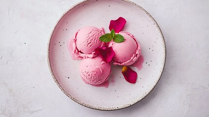 Wall Mural - A minimalist plate of rose-flavored sorbet, garnished with a few edible rose petals and a sprig of mint