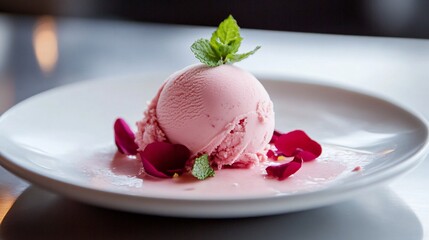 Wall Mural - A minimalist plate of rose-flavored sorbet, garnished with a few edible rose petals and a sprig of mint