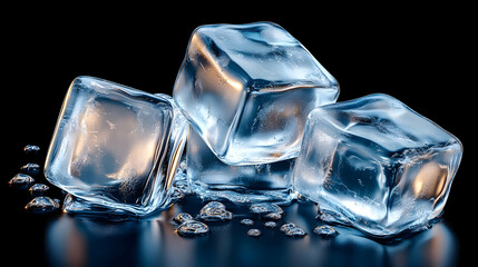 Three Ice Cubes Melting on a Black Surface with Water Drops, Close-up View of Frozen Water on a Dark Background,  Crystal Clear Ice Cube with Reflections